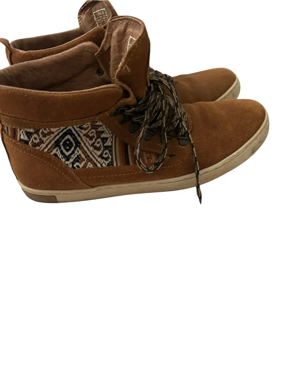 Inkkas brown suede camping boots featuring traditional Peruvian textile inlays